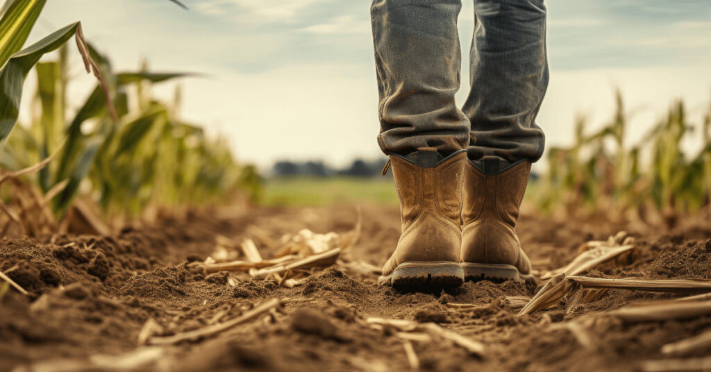 Mensch in Stiefel auf einem Maisfeld