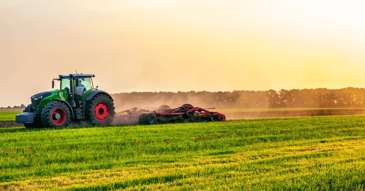 Großer grüner Traktor mit breitem Bodenbearbeitungsgerät beim Umbruch von Grünland unter Staubentwicklung im Abendlicht